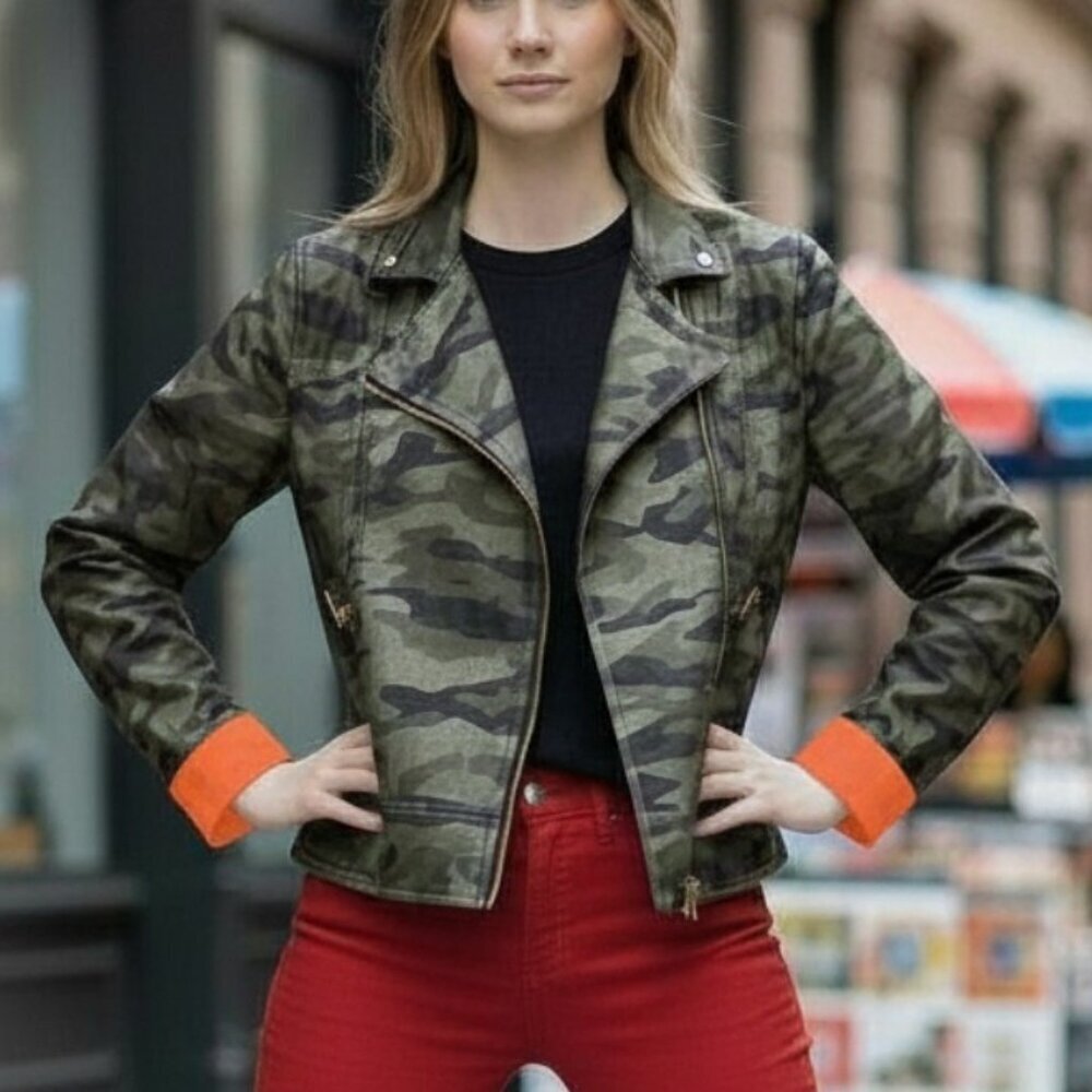 Nygard Olive Metallic Camo Orange Detailing Missy Bomber Moto Style Jacket (NWT)
